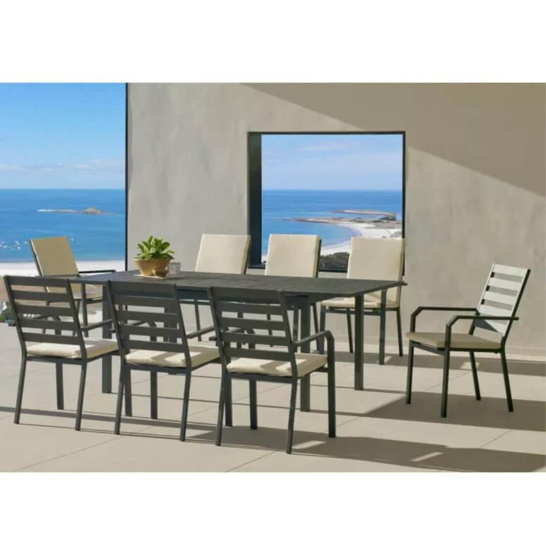 Ensemble table et fauteuils de jardin extensible 8 personnes en aluminium et Dralon - Palma - anthracite - Hevea